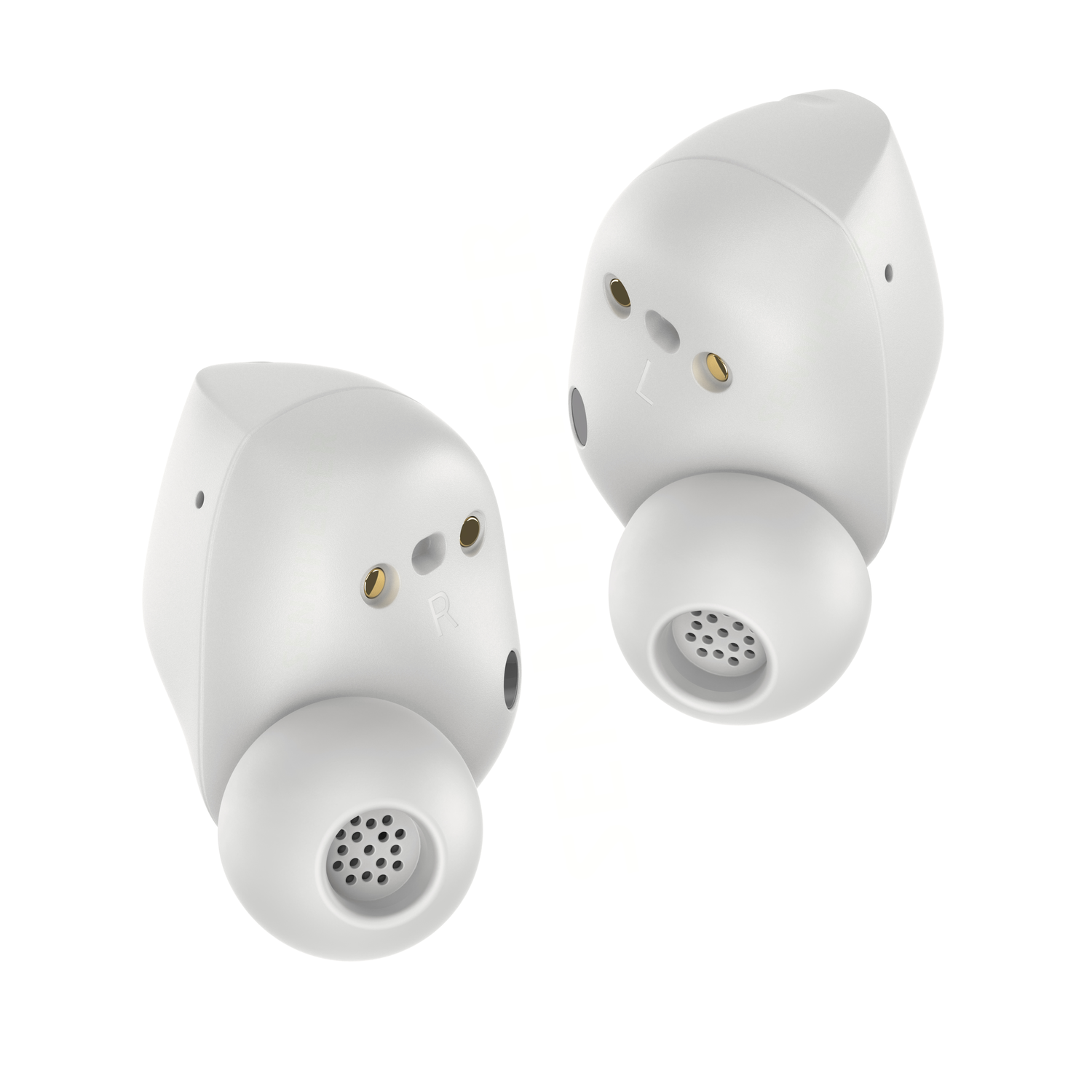 Two white wireless earbuds. They have a rounded shape with a small nozzle. The letter R and L are visible on them.