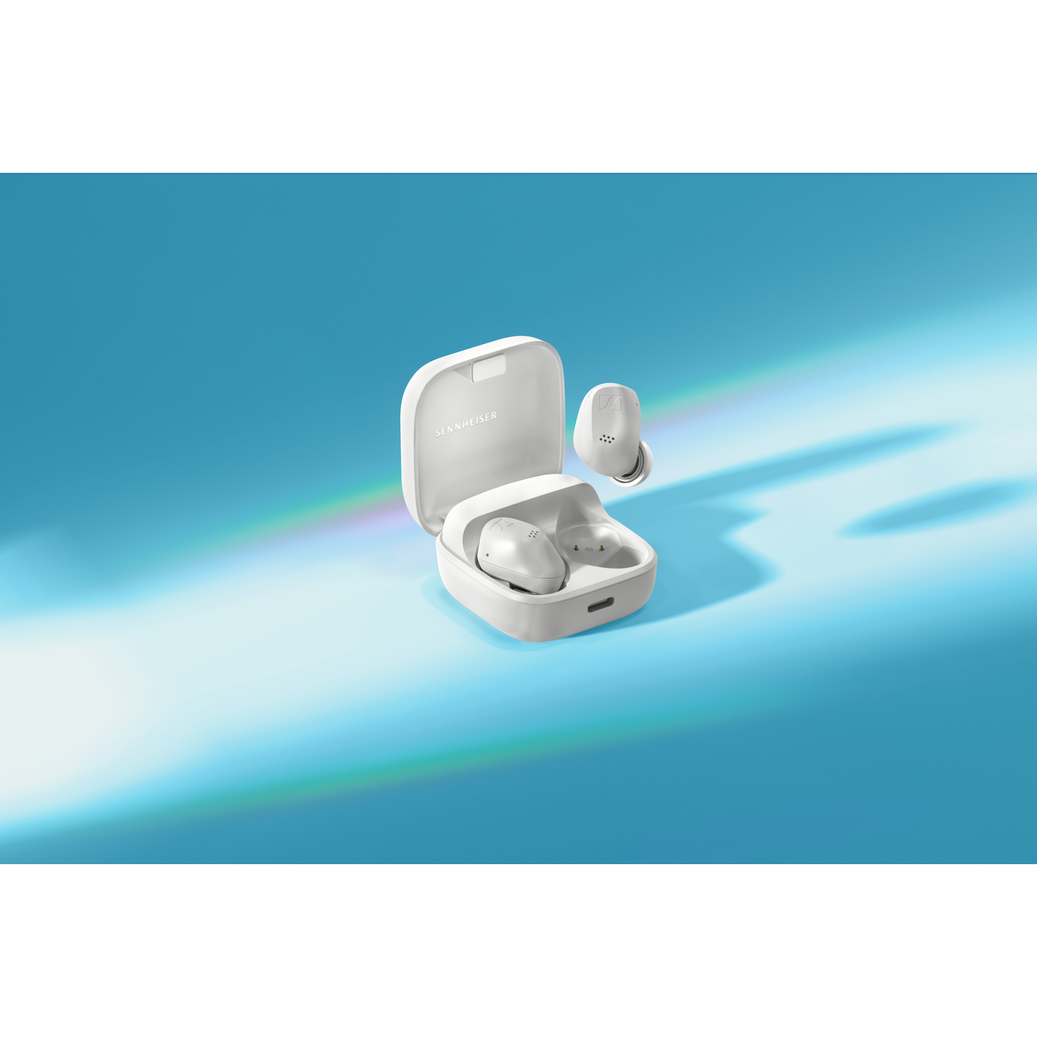 White earbuds and case on a blue gradient background. One earbud is outside the case.