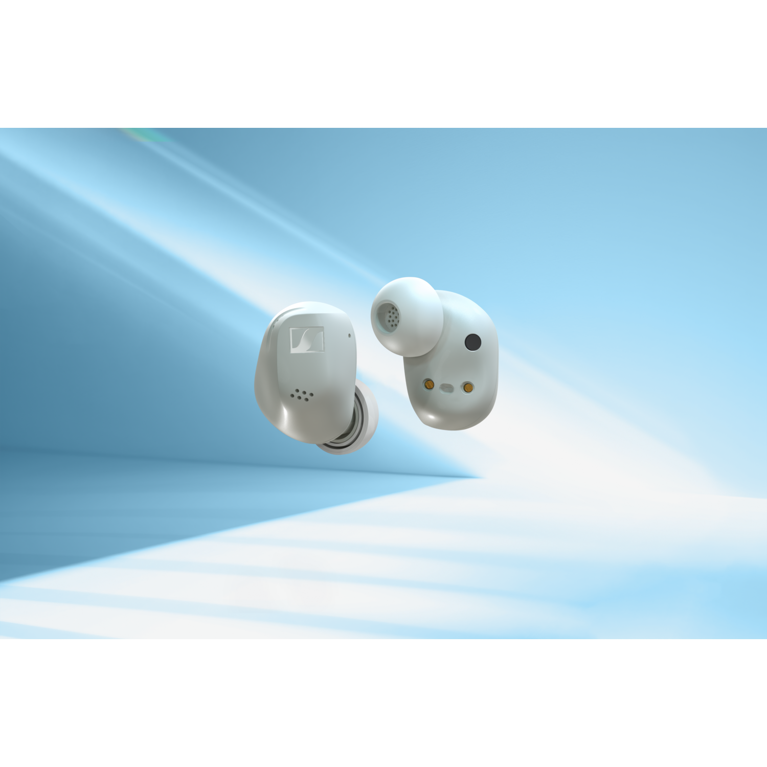 Two white Sennheiser wireless earbuds on a blue and white background.