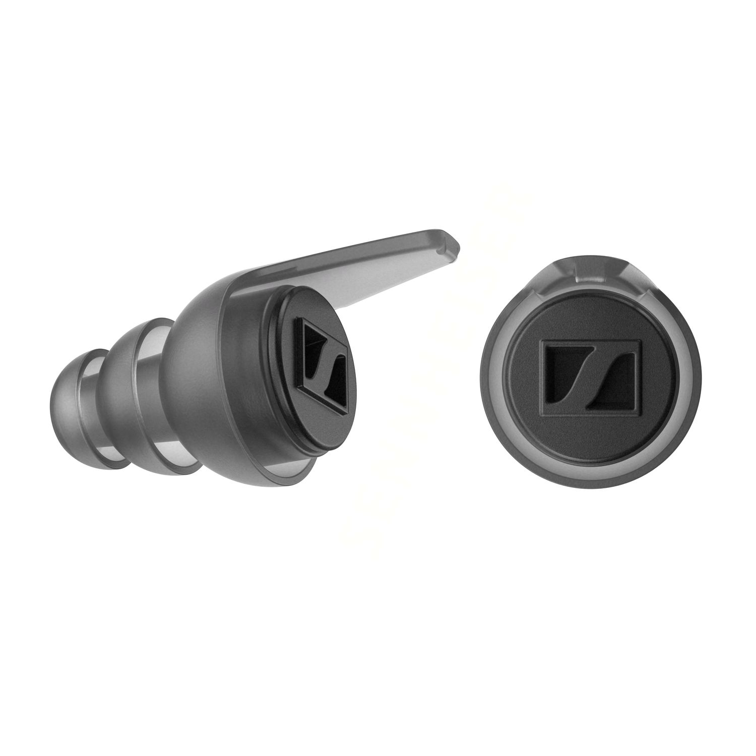 Two dark gray earbuds. One is shown from the side and one from the front, the logo is visible.