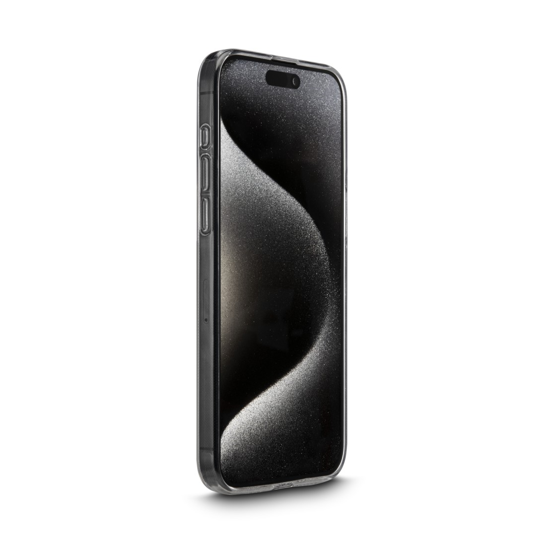 Ein schwarzes Smartphone mit einer durchsichtigen Schutzhülle. Der Bildschirm ist an.