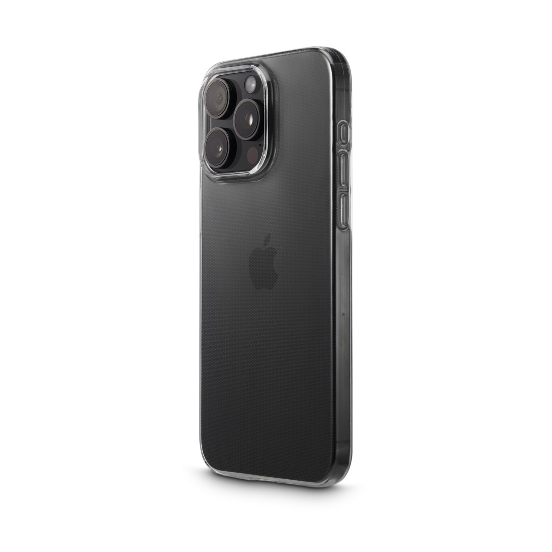 Ein schwarzes iPhone in einer durchsichtigen Hülle. Das Telefon ist vor weißem Hintergrund.