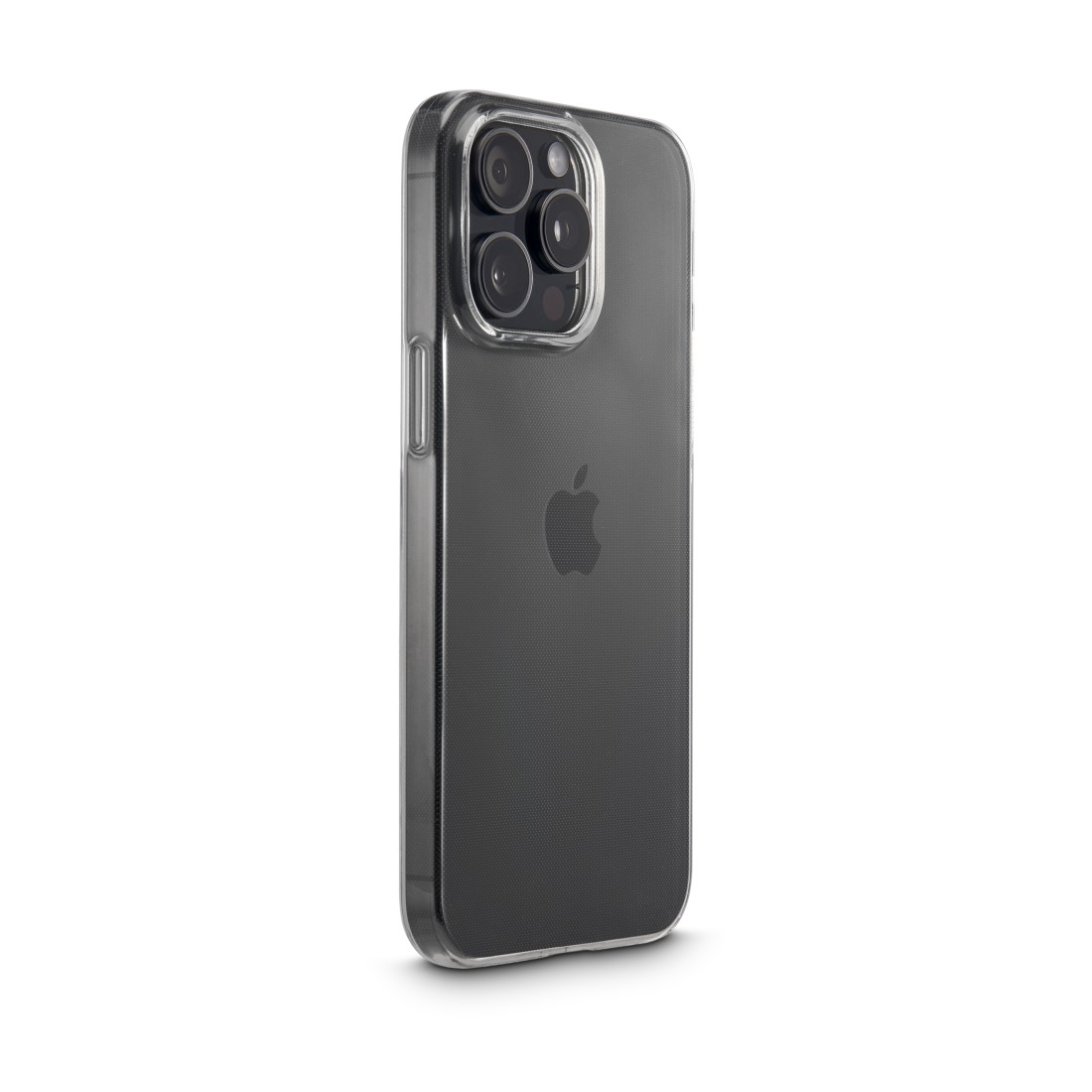 Eine transparente Handyhülle mit einem Handy darin. Das Telefon hat Kameras.
