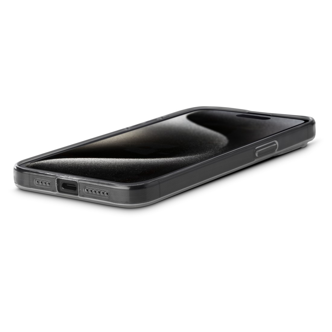 Schwarzes iPhone in einer transparenten Hülle, das Display zeigend, auf weißer Oberfläche.