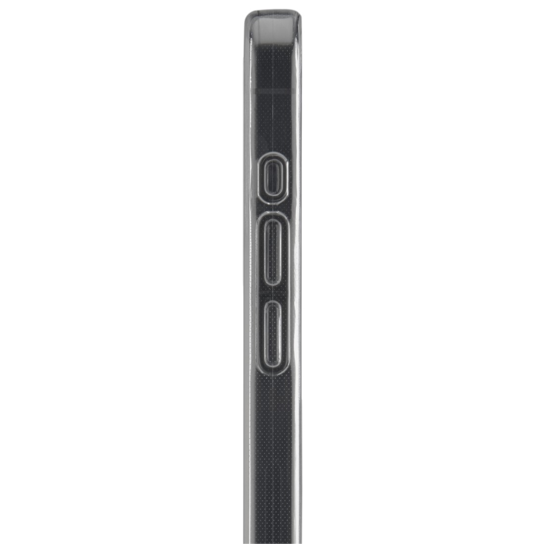 Seitenansicht einer transparenten Schutzhülle für ein Telefon mit Knöpfen.