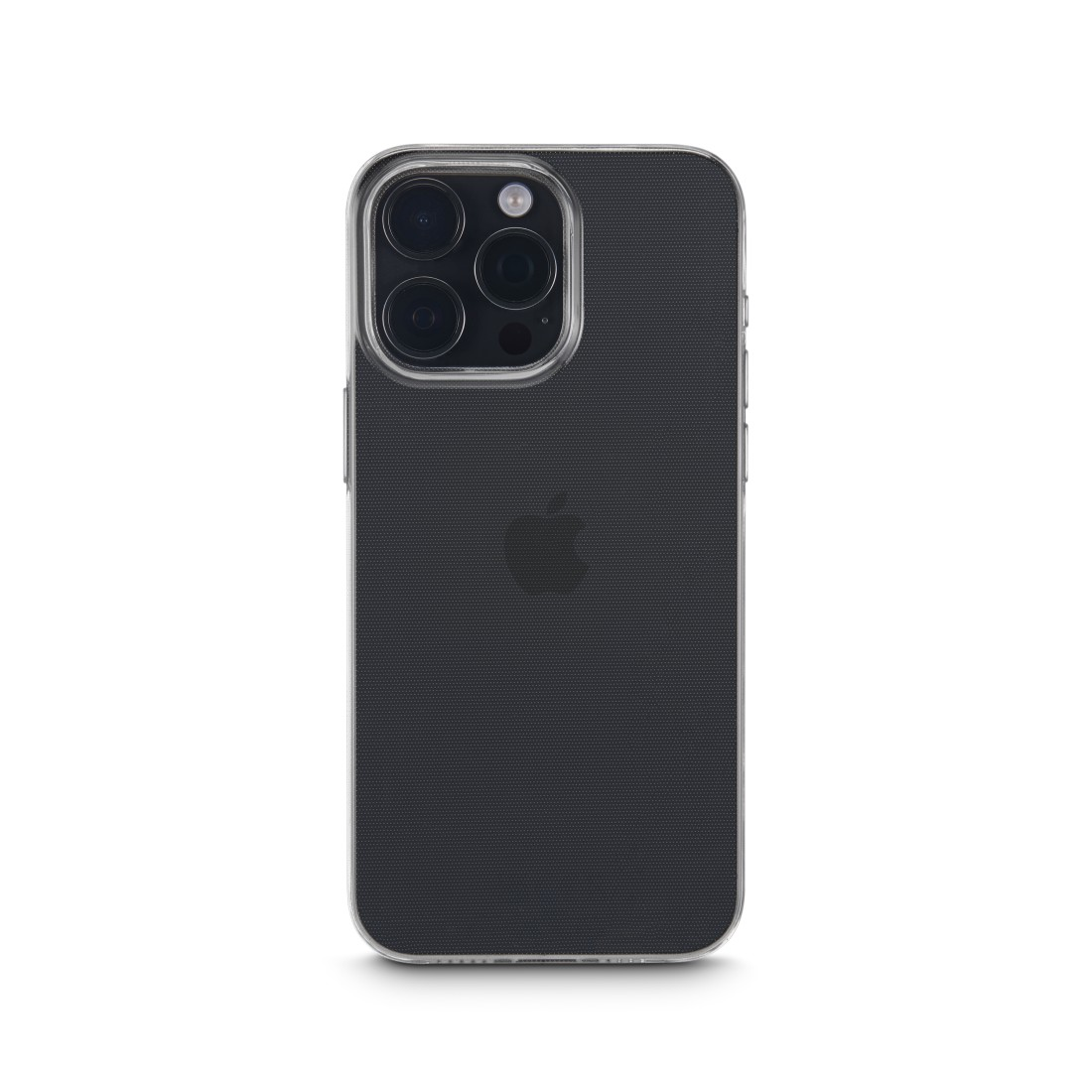 iPhone in einer durchsichtigen Hülle, schwarze Rückseite mit Apple-Logo.