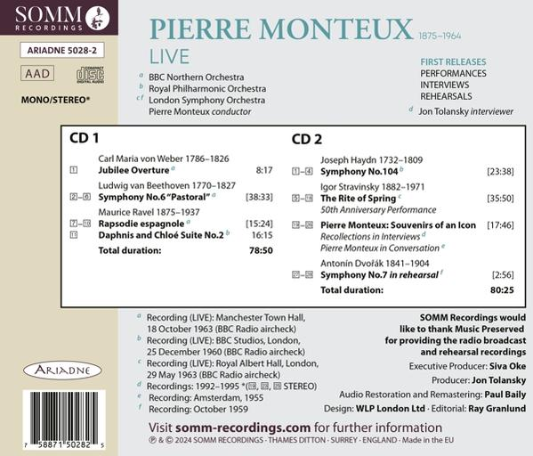 CD-Cover mit Werkliste von Pierre Monteux, Dirigent. Enthält Werke von Weber, Beethoven, Ravel, Haydn, Strawinsky, Dvořák.
