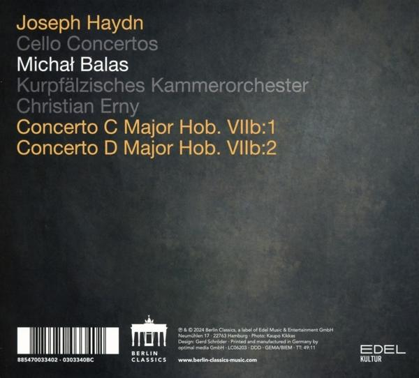 Ein CD-Cover mit Text für Joseph Haydns Cellokonzerte. Schwarzer Hintergrund mit Text in Weiß und Gelb.