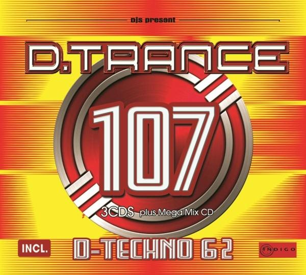 Albumcover: D. Trance 107 Logo auf gelbem Hintergrund. Enthält D-Techno 62.