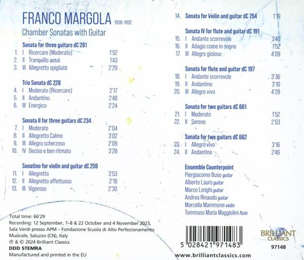 CD mit Trackliste und Text. Enthält Franco Margolas Chamber Sonatas with Guitar.