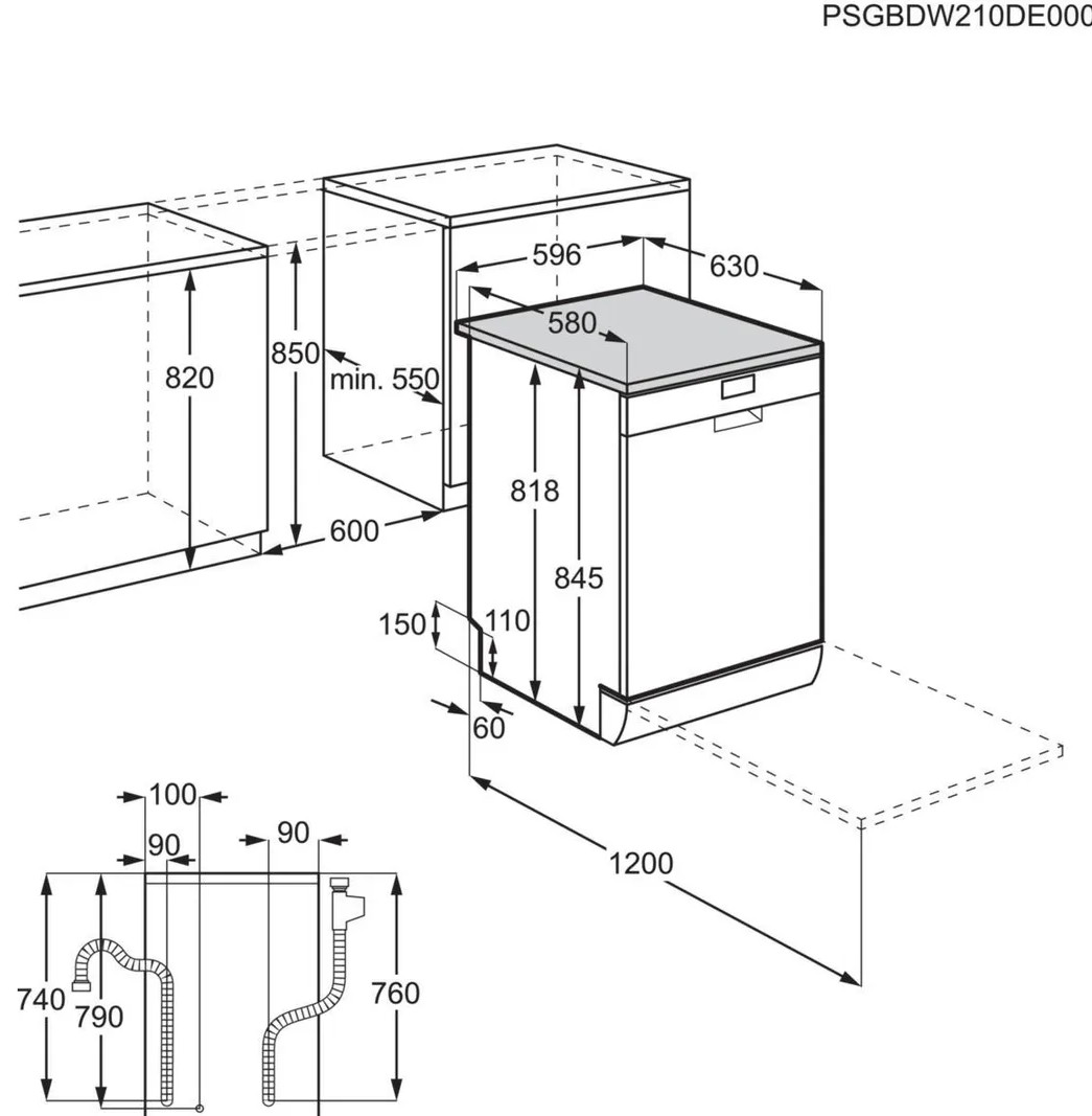Schemat zmywarki z wymiarami i szczegółami instalacji wodnej.