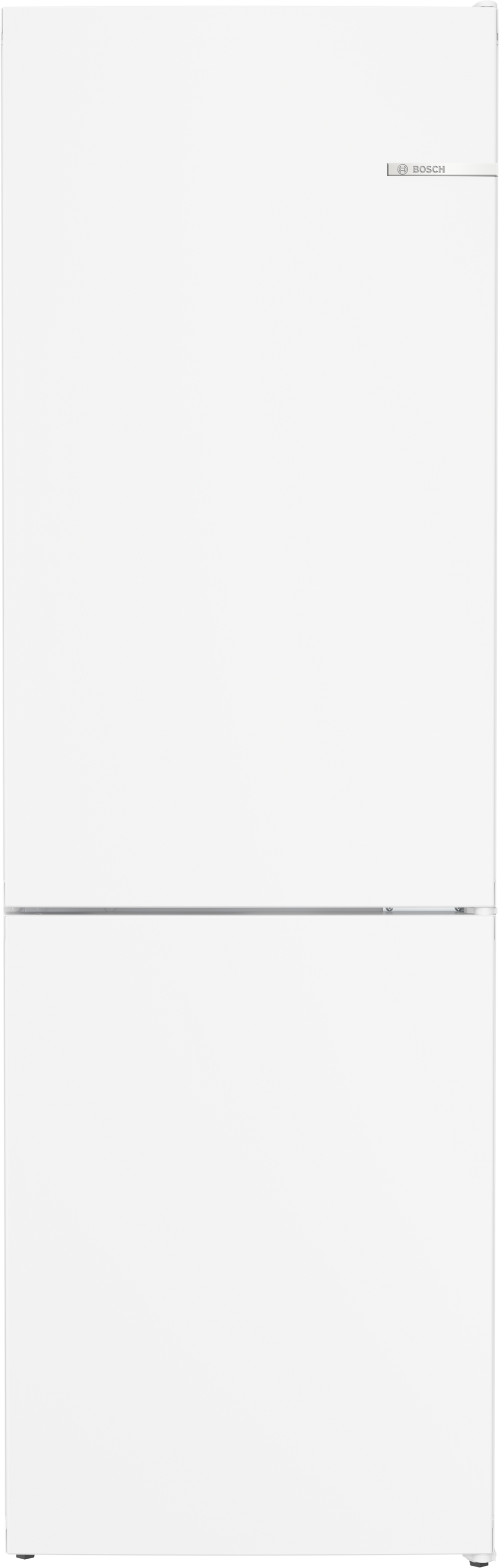 Biała lodówka Bosch z srebrną rączką i logo.