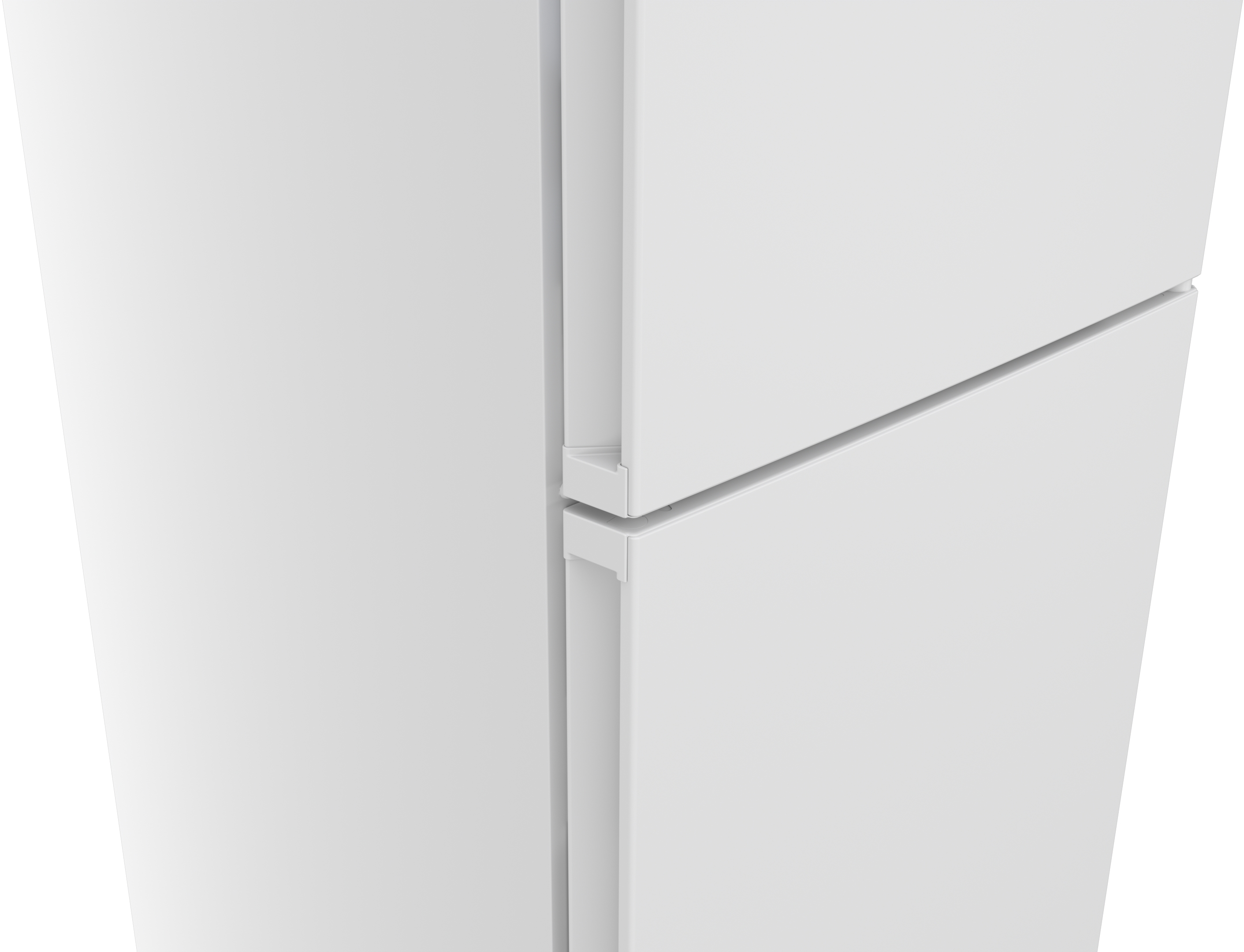 Zbliżenie białej lodówki z dwoma drzwiami i uchwytami.