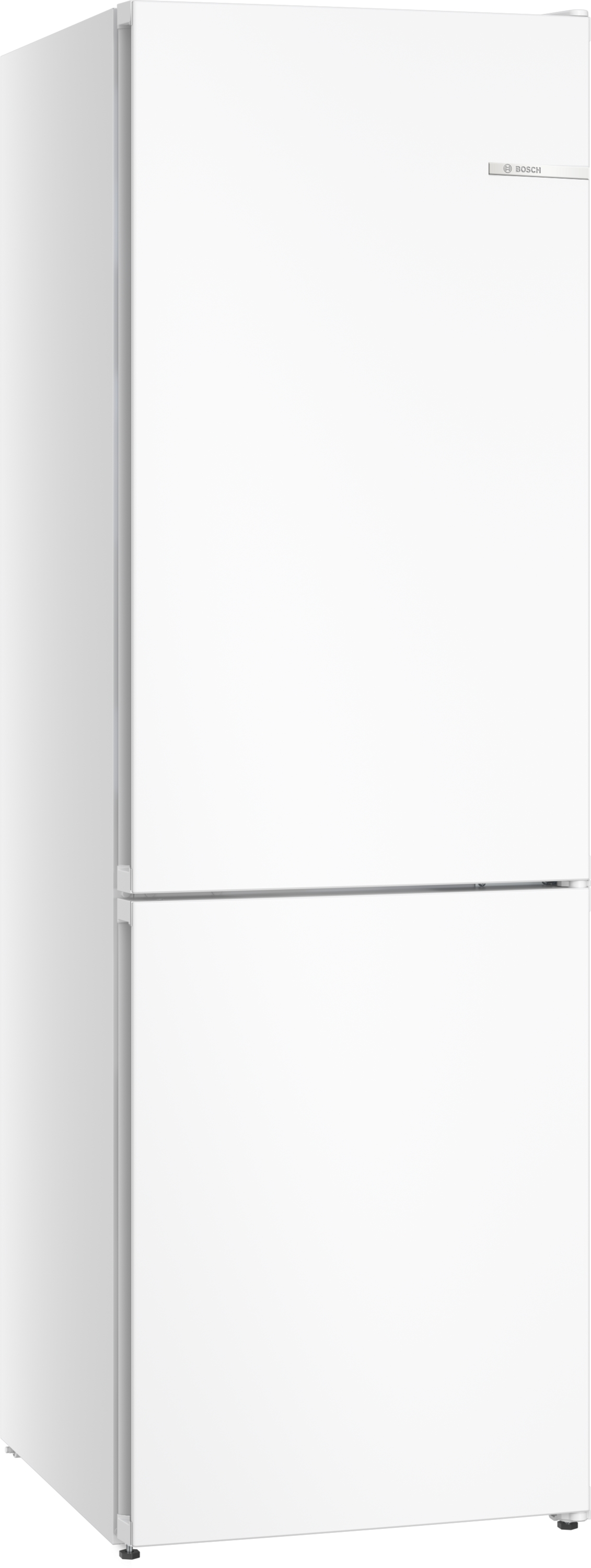 Biała lodówka Bosch z dwojgiem drzwi, górnym i dolnym.
