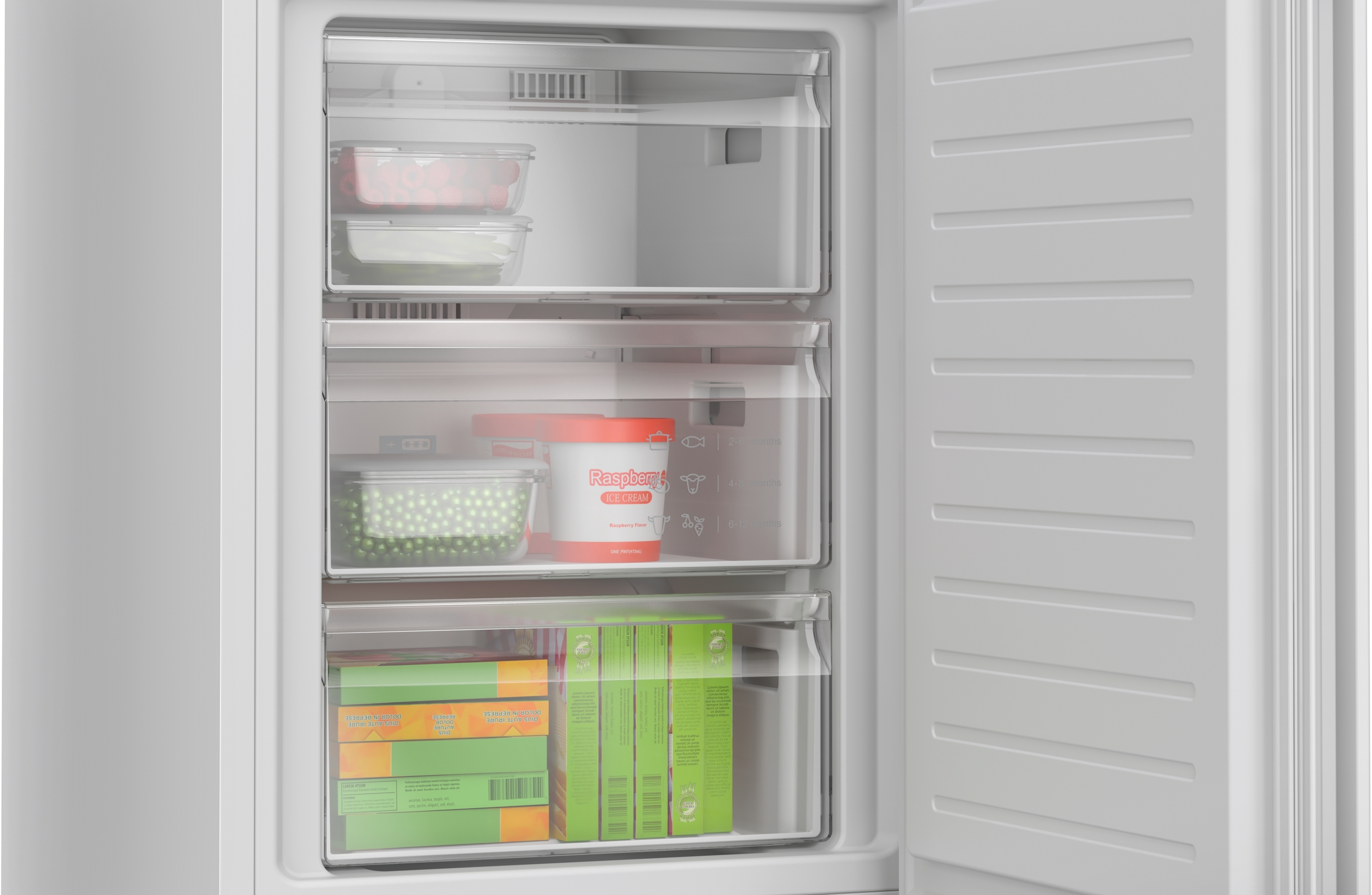 Wnętrze zamrażarki z jagodami, lodami, groszkiem i mrożonkami.