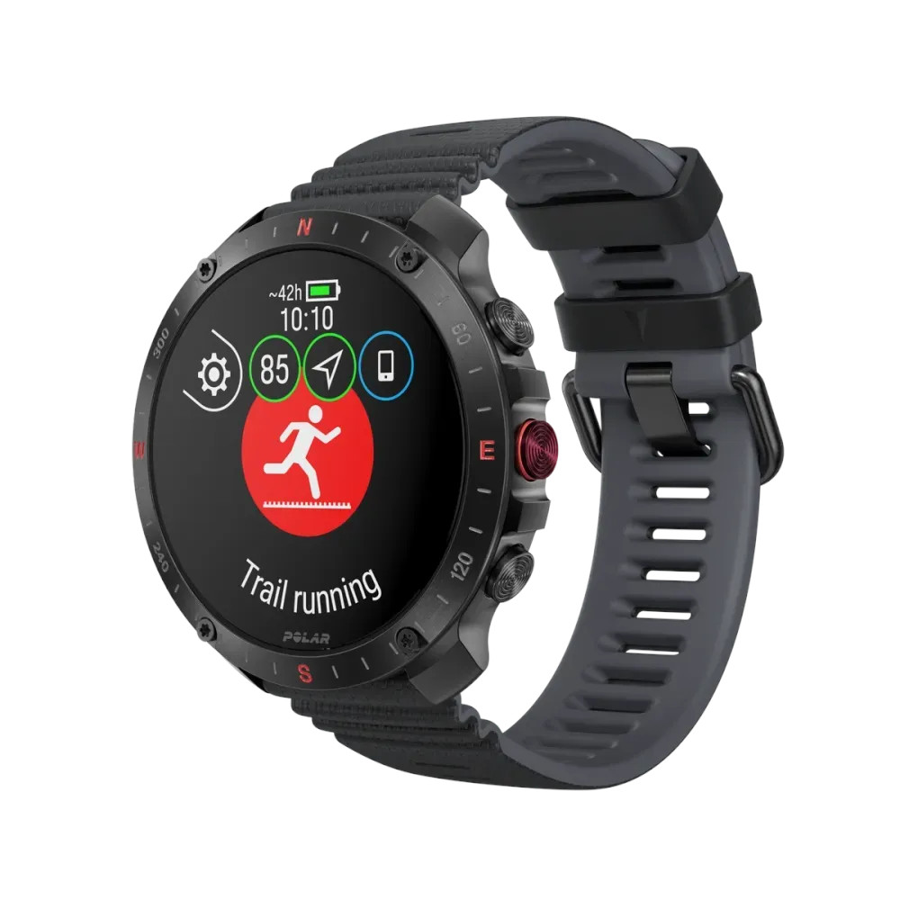 Czarny i szary smartwatch Polar z wyświetlaczem do biegania w terenie.