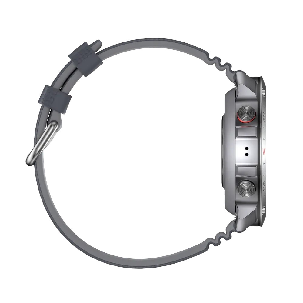 Srebrny smartwatch z szarym paskiem. Zegarek jest widoczny z boku, pokazując pasek i tarczę.