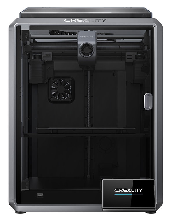 Drukarka 3D z przezroczystym panelem przednim, pokazująca elementy wewnętrzne i logo CREALITY.