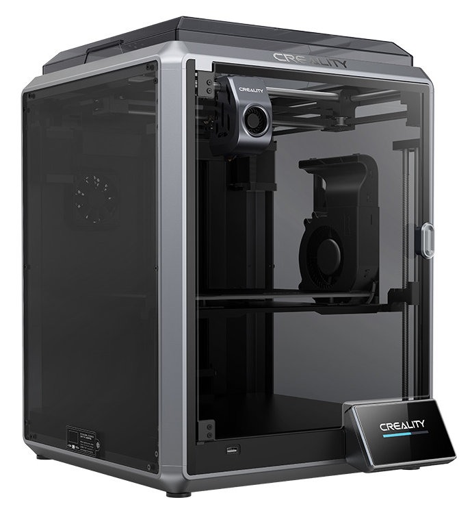 Drukarka 3D Creality, zamknięta w przezroczystej ramie.
