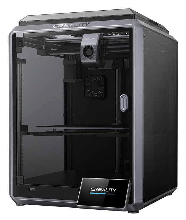 Drukarka 3D z przezroczystym oknem. Widoczna jest marka CREALITY.
