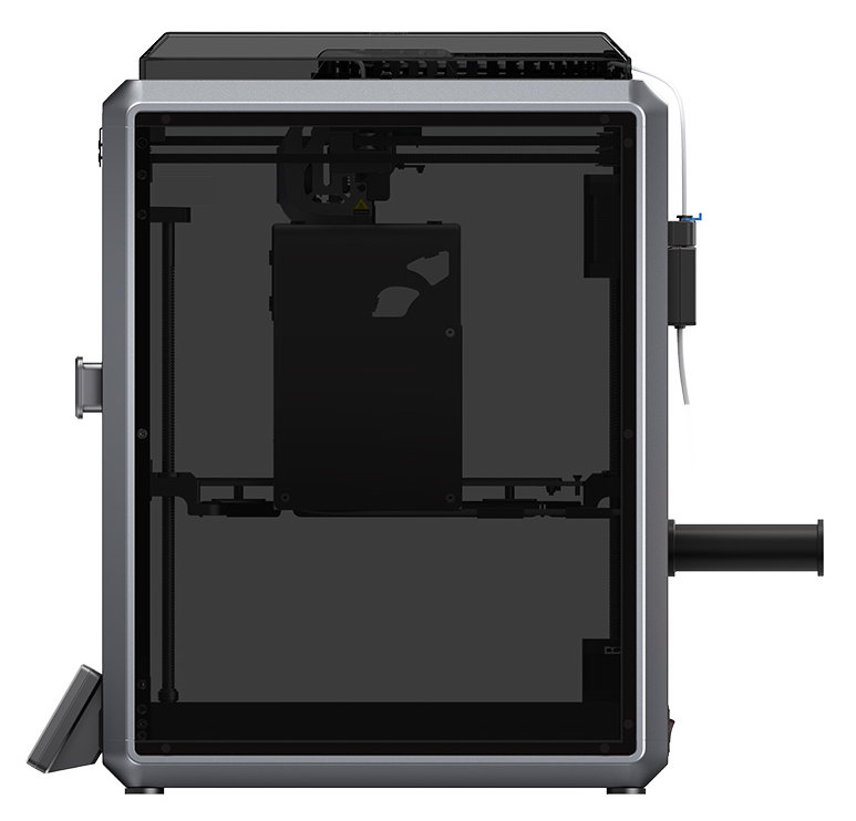 Drukarka 3D z przezroczystymi drzwiami. Jest srebrna i czarna.