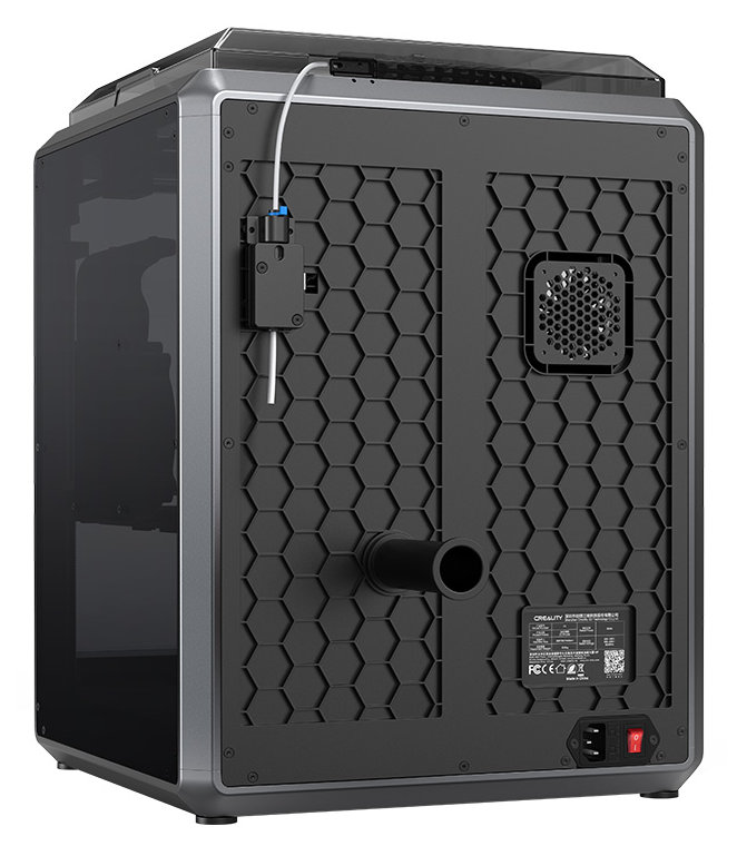 Tył drukarki 3D, czarny i szary, z wzorem plastra miodu.