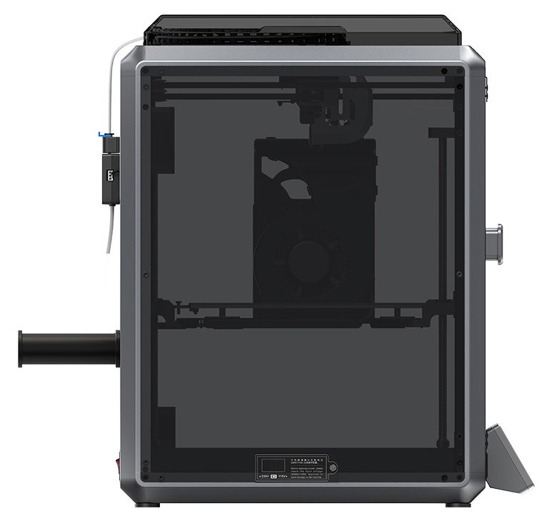 Widok z boku drukarki 3D z przezroczystymi drzwiami. Wewnątrz widoczny wydrukowany obiekt.