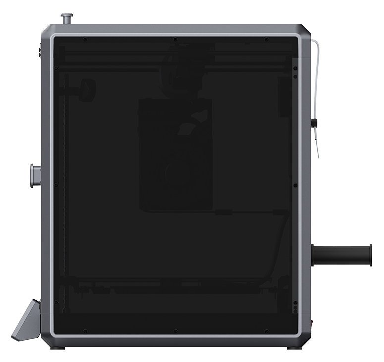 Drukarka 3D, zamknięta w ciemnej szklanej obudowie.