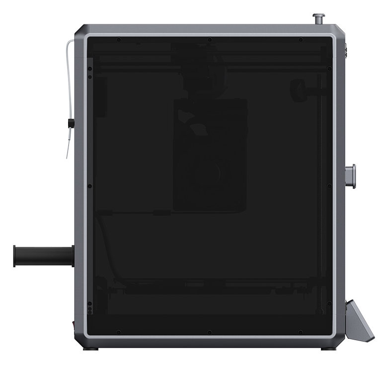 Widok z boku drukarki 3D z przezroczystymi drzwiami.