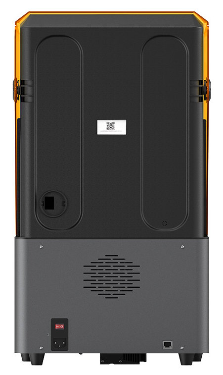 Tył drukarki 3D, ciemnoszary i czarny, z pomarańczowymi przezroczystymi bokami.