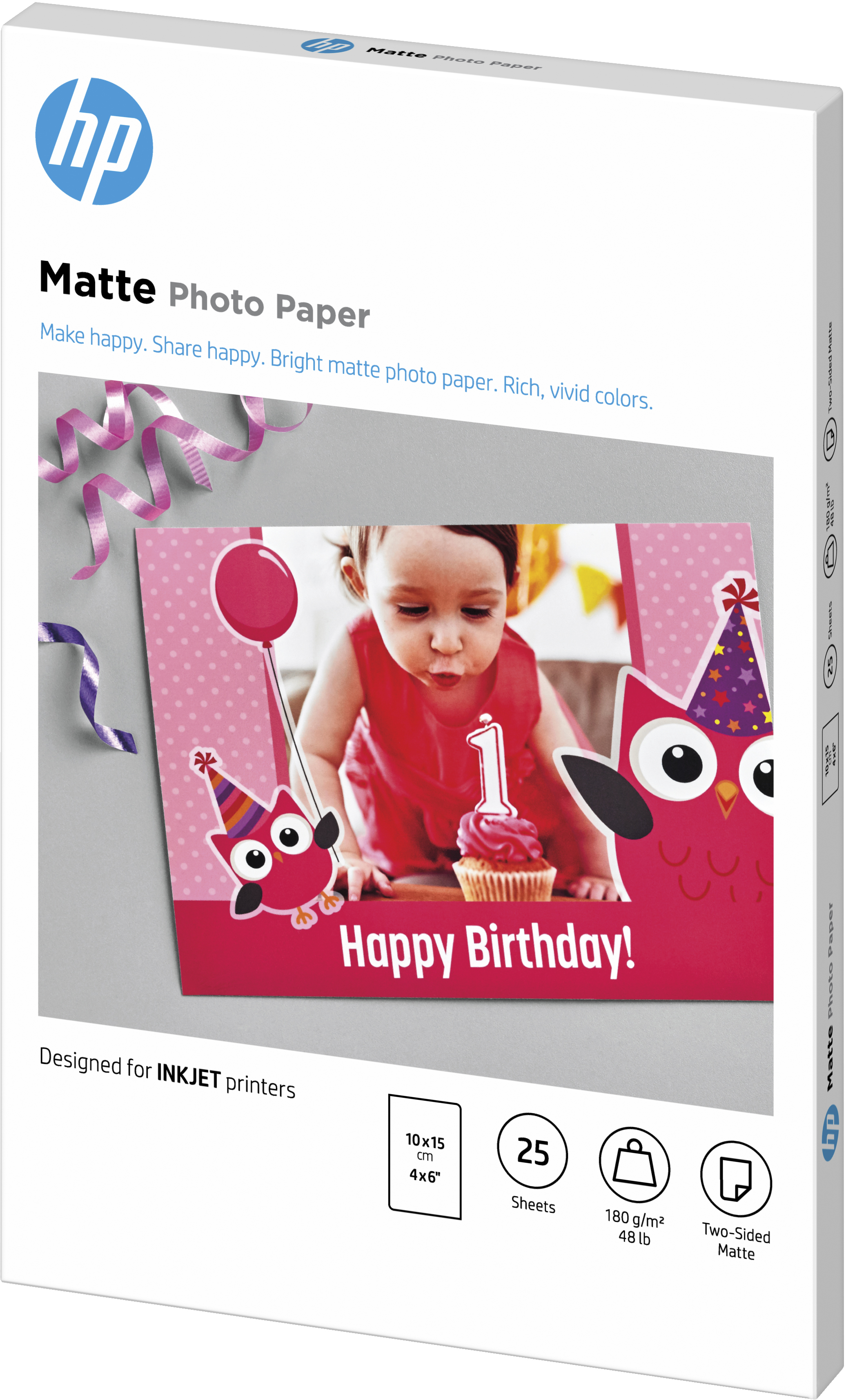 Schachtel mit HP Matt-Fotopapier, zeigt ein Foto eines Babys mit Kuchen und Eulen.