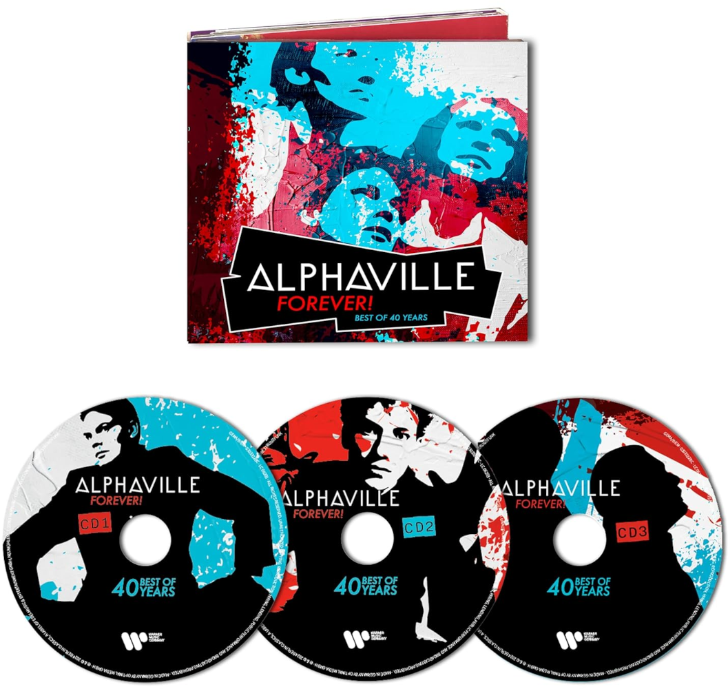 Az Alphaville "Forever!" albumának CD-készlete. Három CD és az albumborító látható.