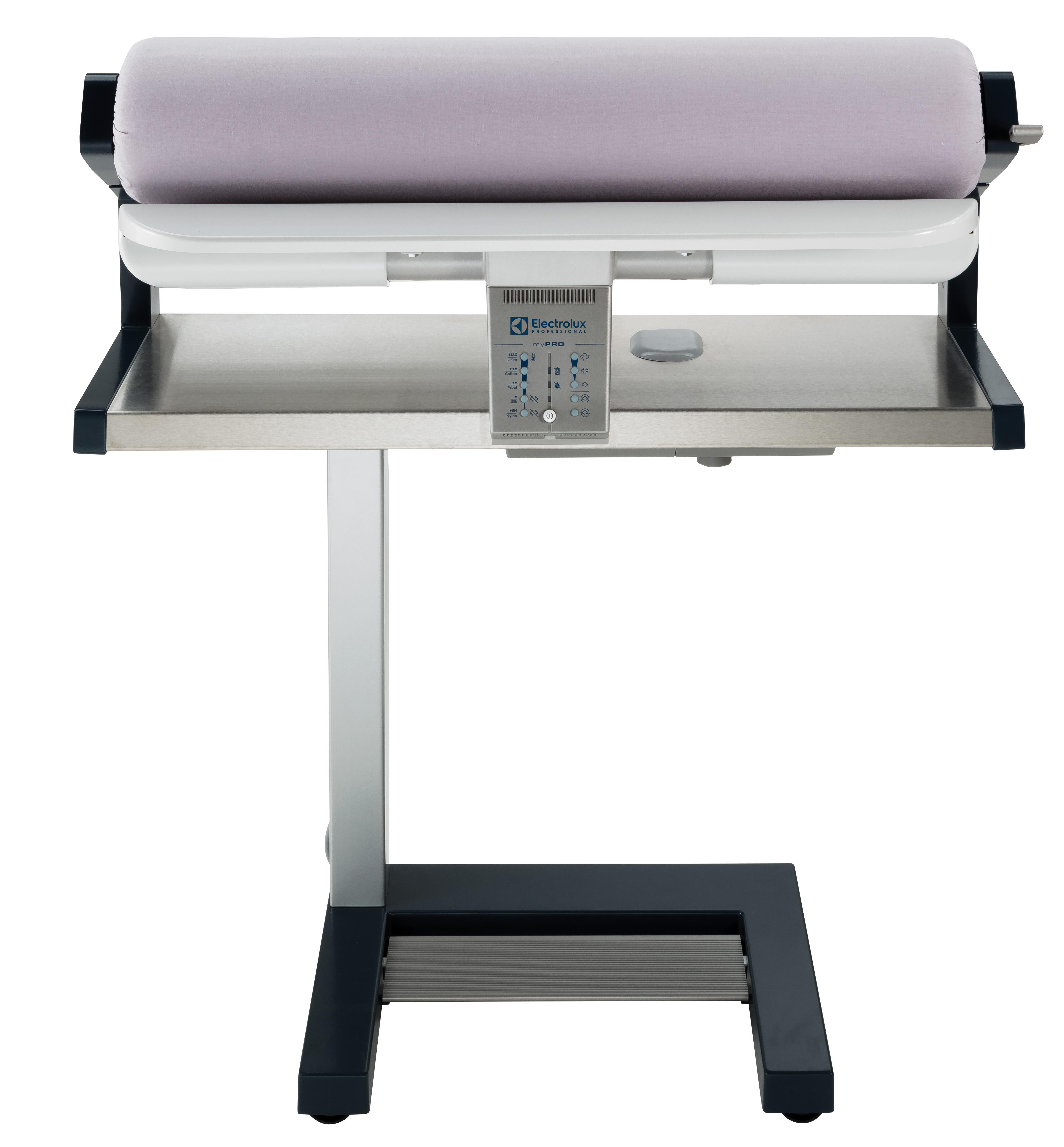 Große weiße und silberne Electrolux Bügelmaschine mit grauer Walze, Metalltisch und schwarzem Ständer.