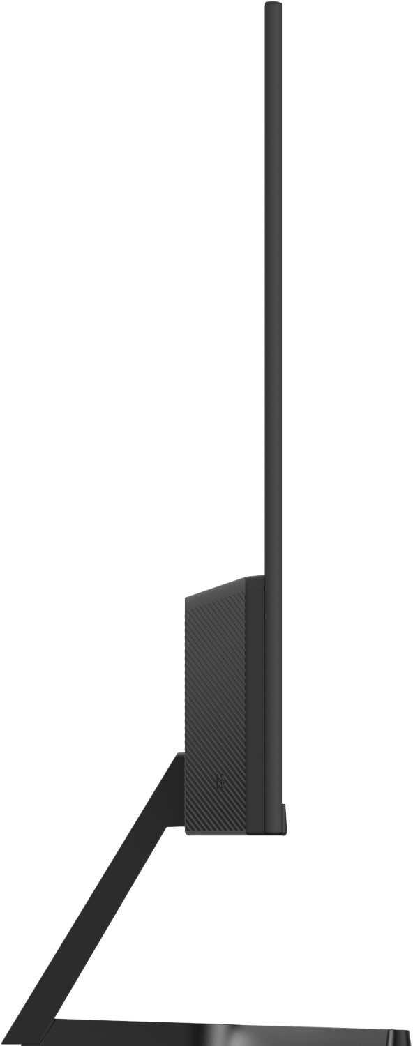 Un moniteur d'ordinateur noir vu de côté, avec un support et une fine lunette. Le fond est blanc.