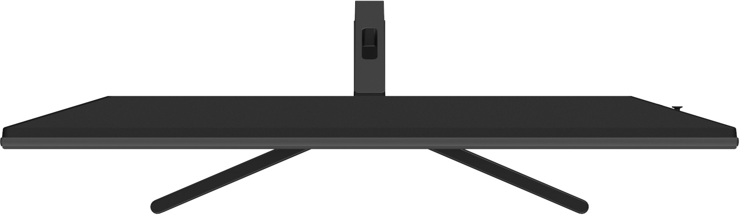 Moniteur noir vu de dessus. Il a un pied et est contre un fond blanc.