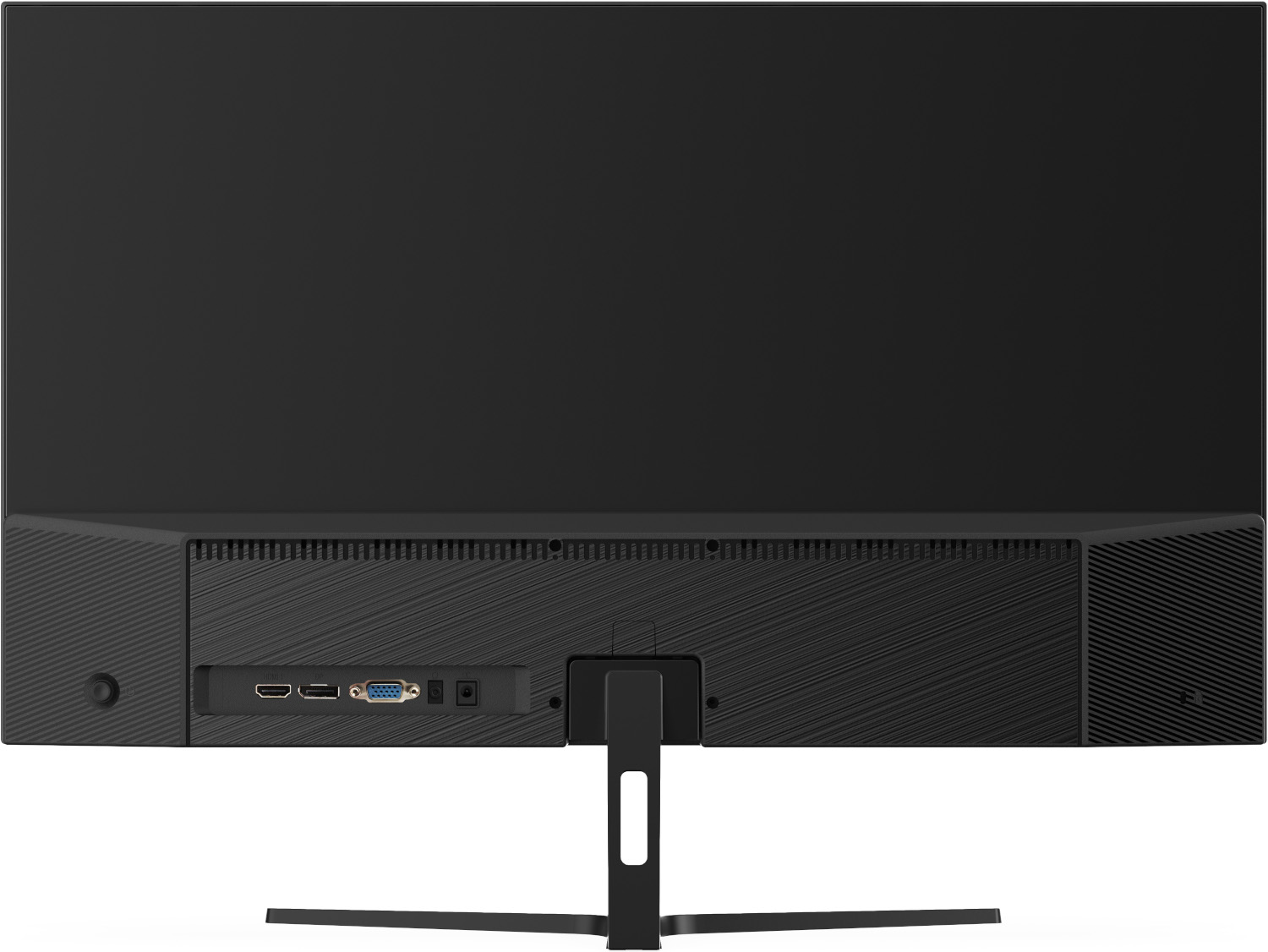 Arrière d'un moniteur noir avec ports, support et surface texturée.