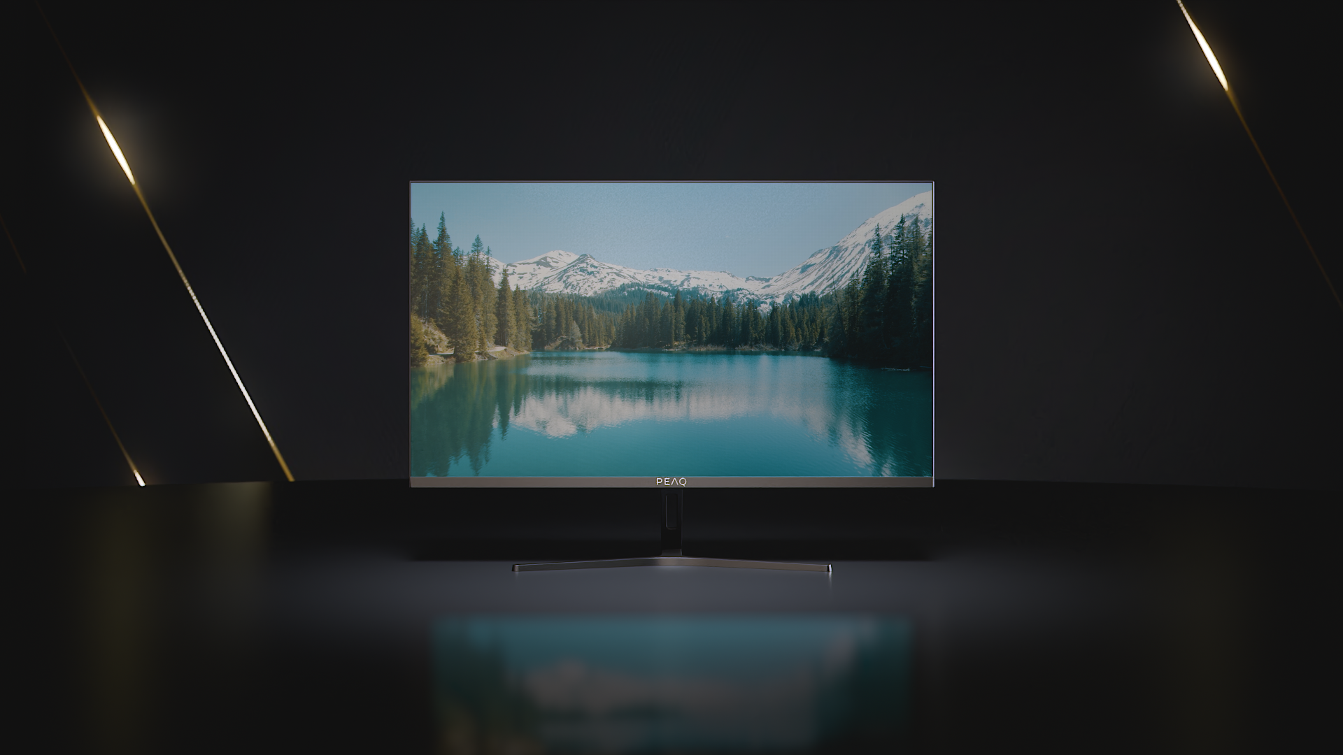 Un moniteur affichant une scène de lac avec des montagnes et des arbres, sur fond noir.