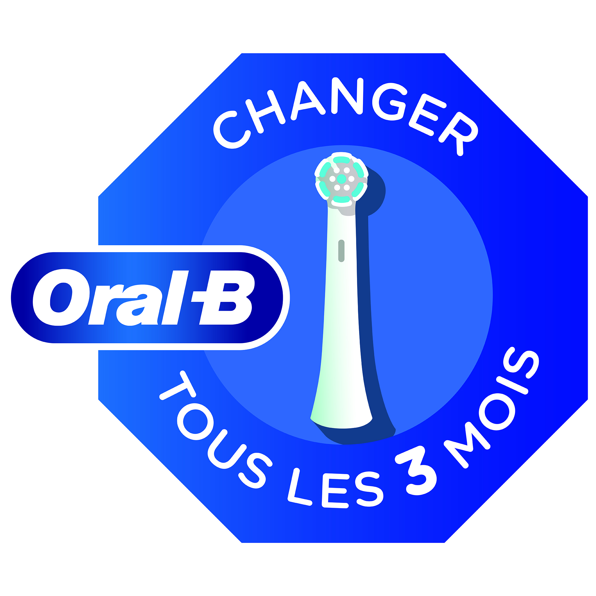 Testina dello spazzolino Oral-B su sfondo blu. Il testo indica: Cambia ogni 3 mesi.