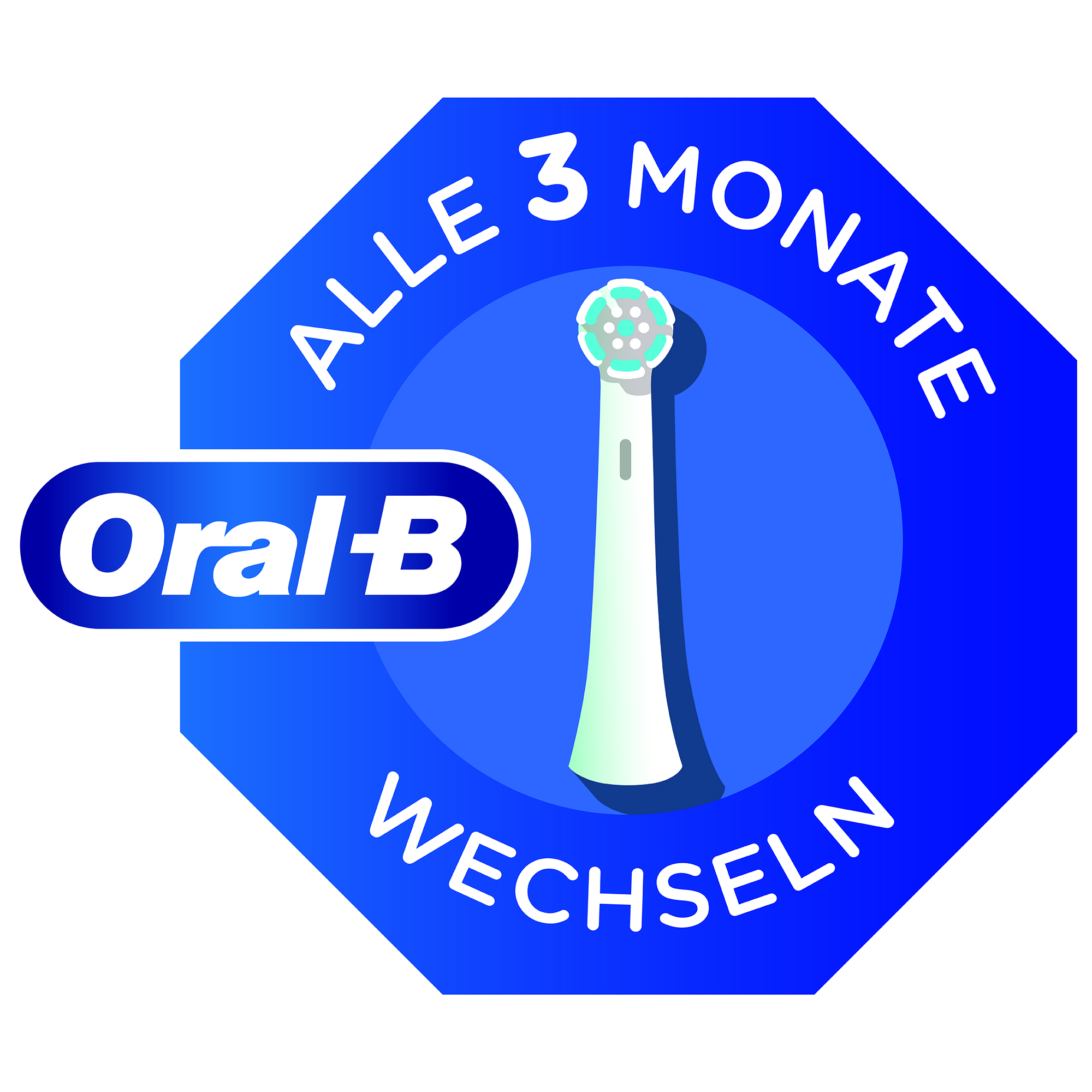 Testina per spazzolino Oral-B in blu e bianco, con testo.