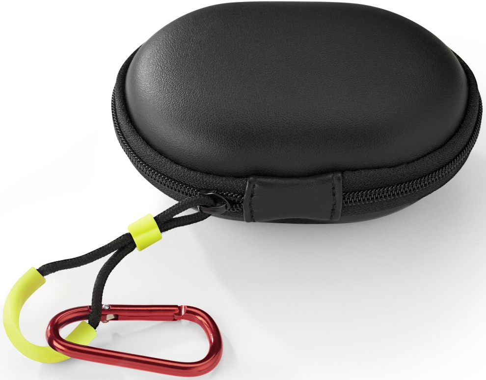 Ein schwarzes Etui mit einem roten Karabiner.