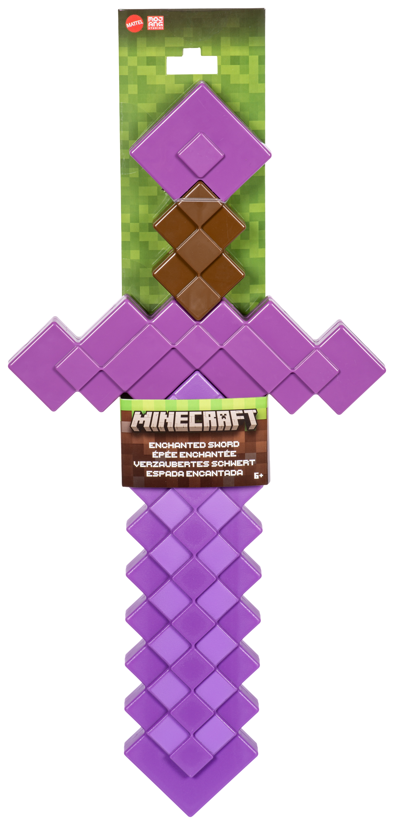 Minecraft Spielzeugschwert, lila und braun, mit grünem Hintergrund. Das Schwert ist rautenförmig.