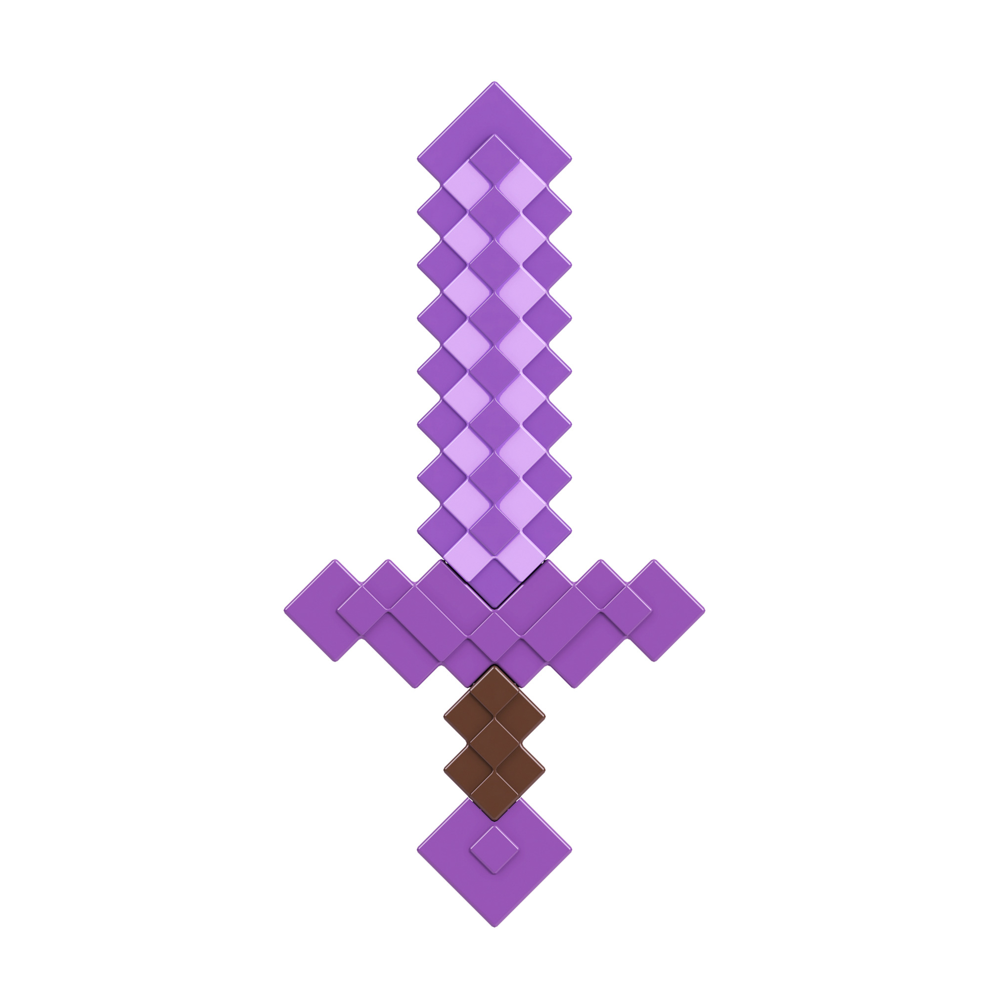 Ein pixeliges lila Schwert vor weißem Hintergrund, im Minecraft-Design.
