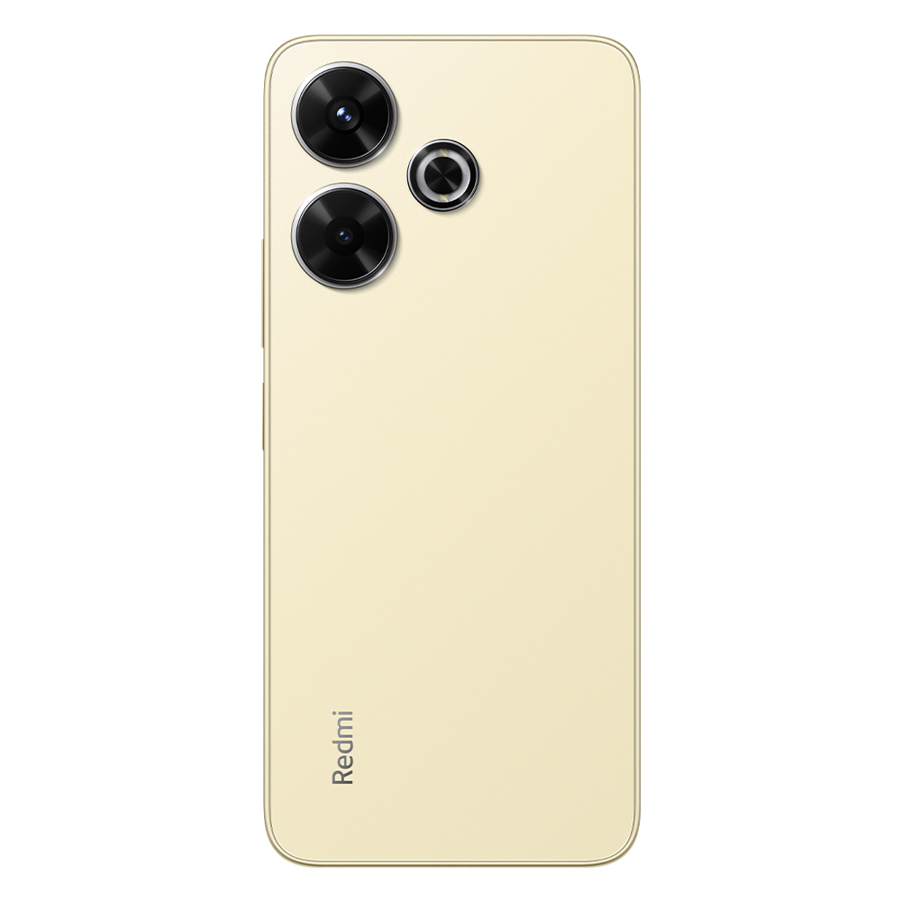 Üç kameralı ve Redmi logolu altın renkli telefon arkası.