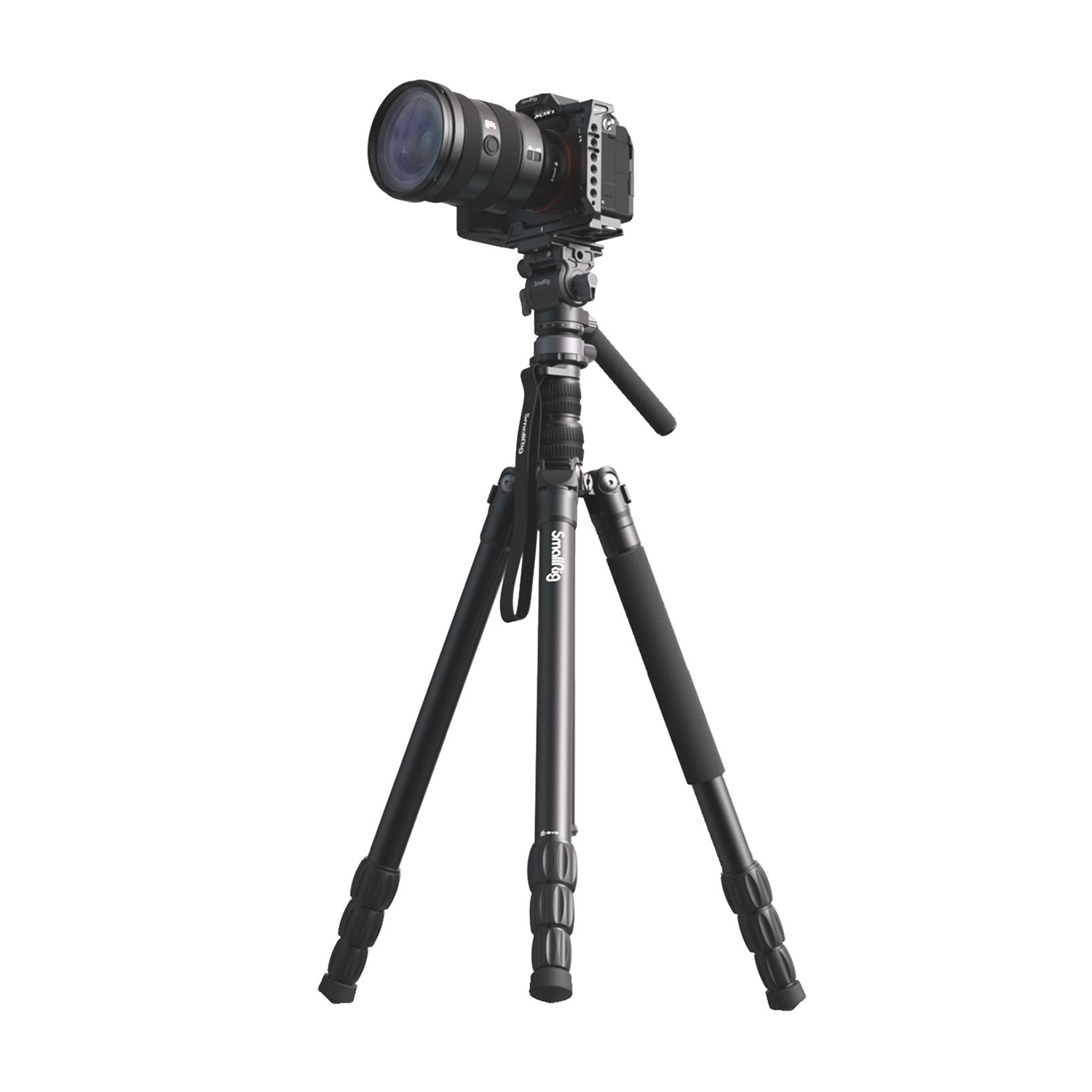 Fotocamera su un treppiede. La fotocamera è nera e il treppiede ha gambe nere e un'impugnatura.