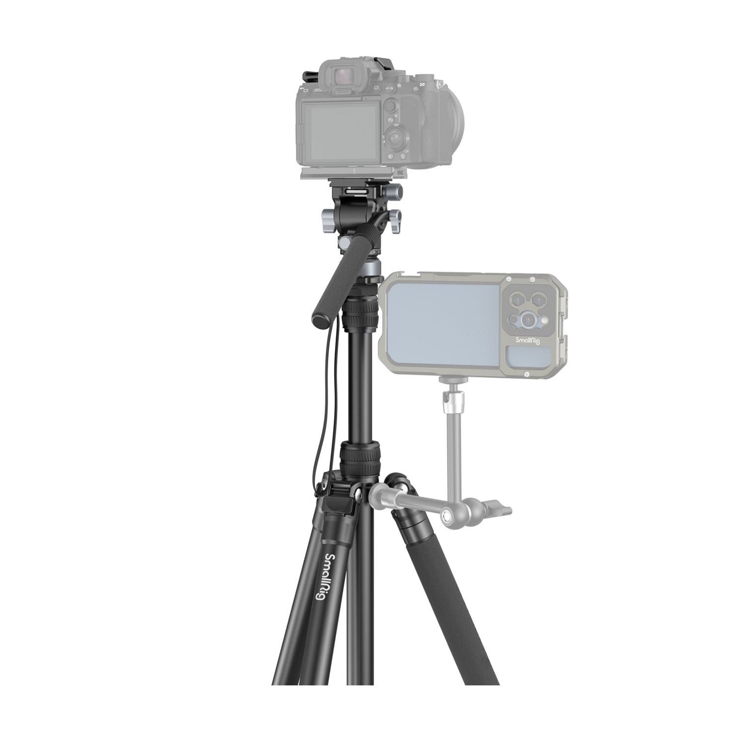Treppiede che regge una fotocamera e un supporto per telefono su sfondo chiaro.