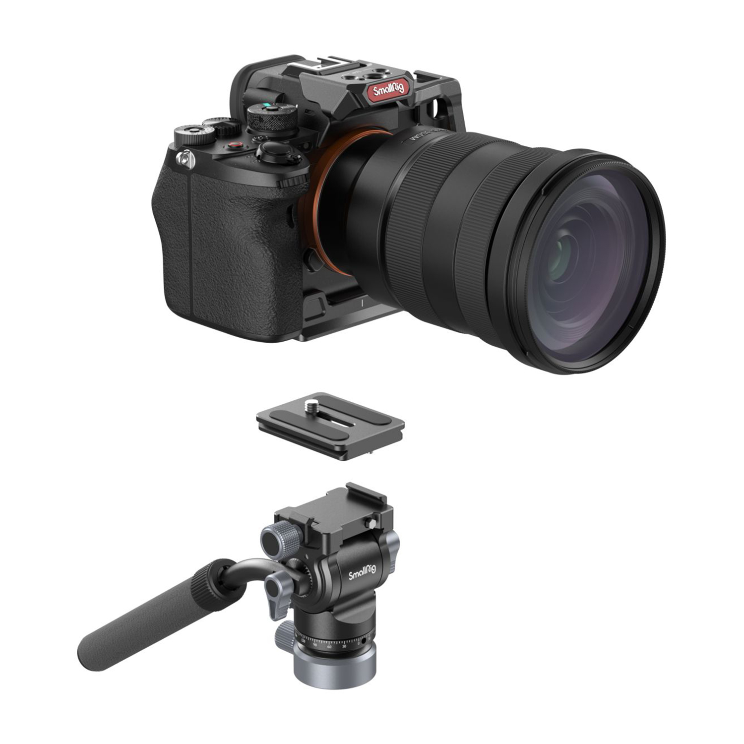 Fotocamera digitale con obiettivo, testa del treppiede e piastra a sgancio rapido.