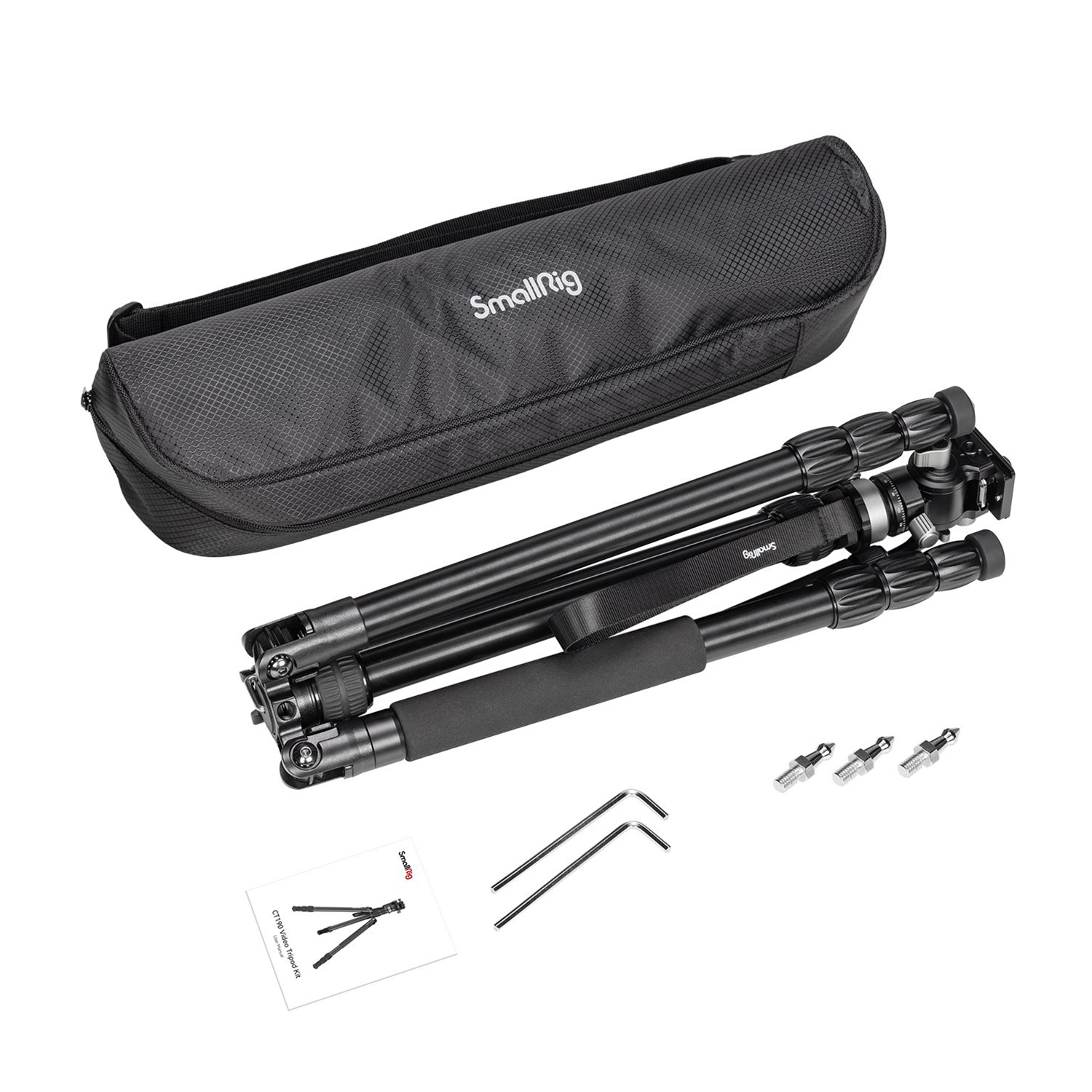 Treppiede con gambe nere, custodia e accessori su superficie bianca. Marchio SmallRig.