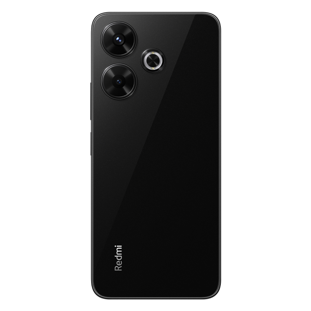 İki kamera merceği ve Redmi logosu bulunan siyah bir Redmi telefonun arkası.