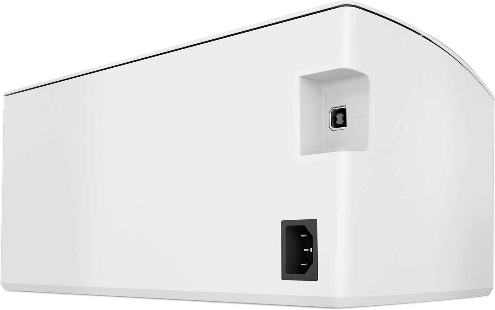 Fehér eszköz USB porttal és tápbemenettel. Oldalnézet, szögben. Minimalista design.