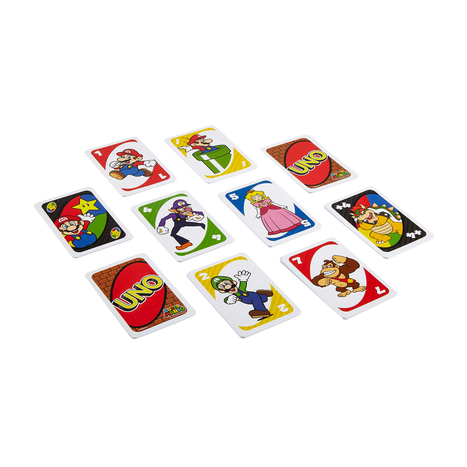 Gioco di carte Uno con personaggi di Mario. Carte colorate con immagini dei personaggi su una superficie bianca.